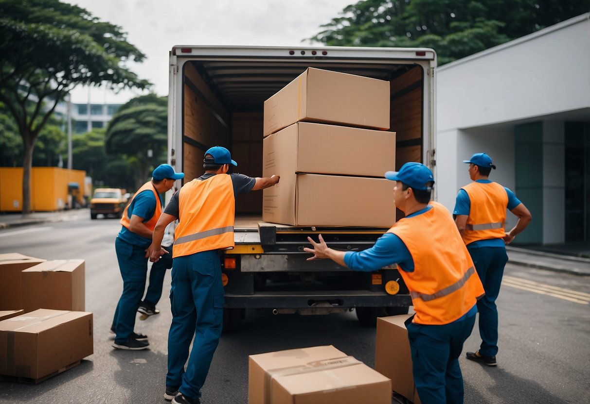 A team of movers carefully loads and secures furniture onto a truck, preparing for transport in Singapore
