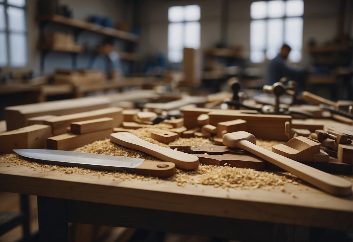 Saws, chisels, and sanders clutter the workbenches in a bustling furniture workshop. Wood shavings cover the floor as craftsmen meticulously shape and assemble elegant pieces
