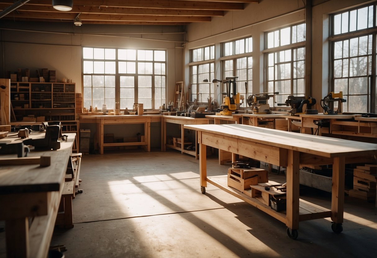 A spacious, well-lit workshop filled with woodworking tools, workbenches, and stacks of raw lumber. Shavings and sawdust cover the floor, and a large window lets in plenty of natural light