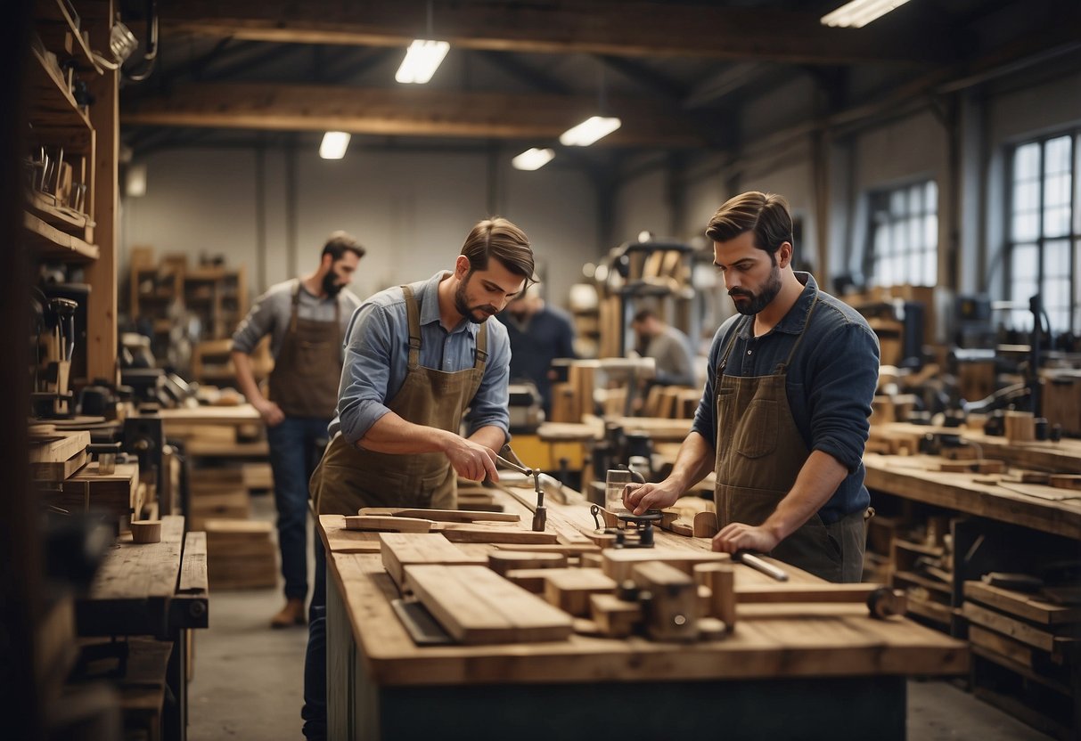 A bustling workshop with tools and wood, shelves of finished furniture, and workers consulting a FAQ guide