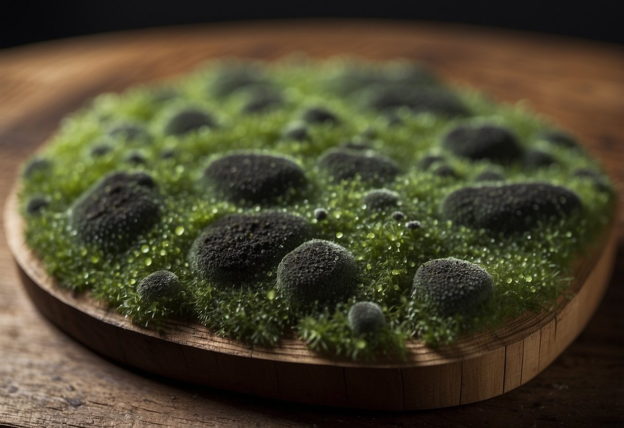 Mold grows on the surface of a wooden table, forming green and black patches. The spores spread across the grain, creating a textured and uneven appearance