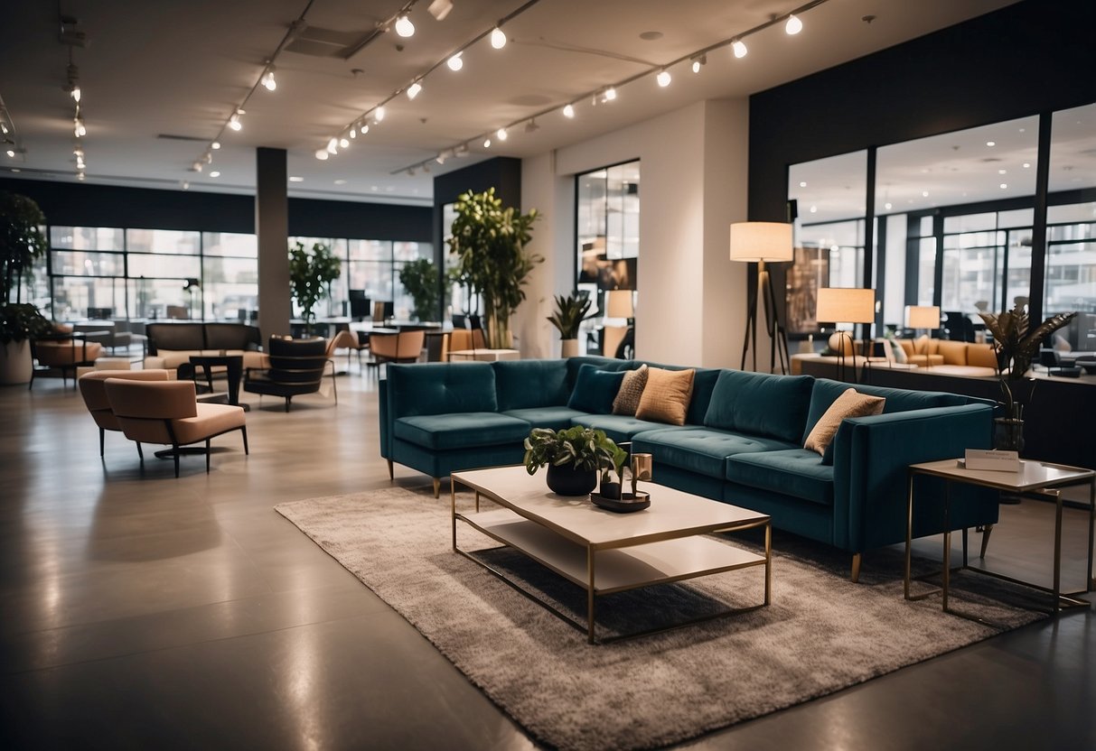 A showroom with modern furniture displayed, price tags visible