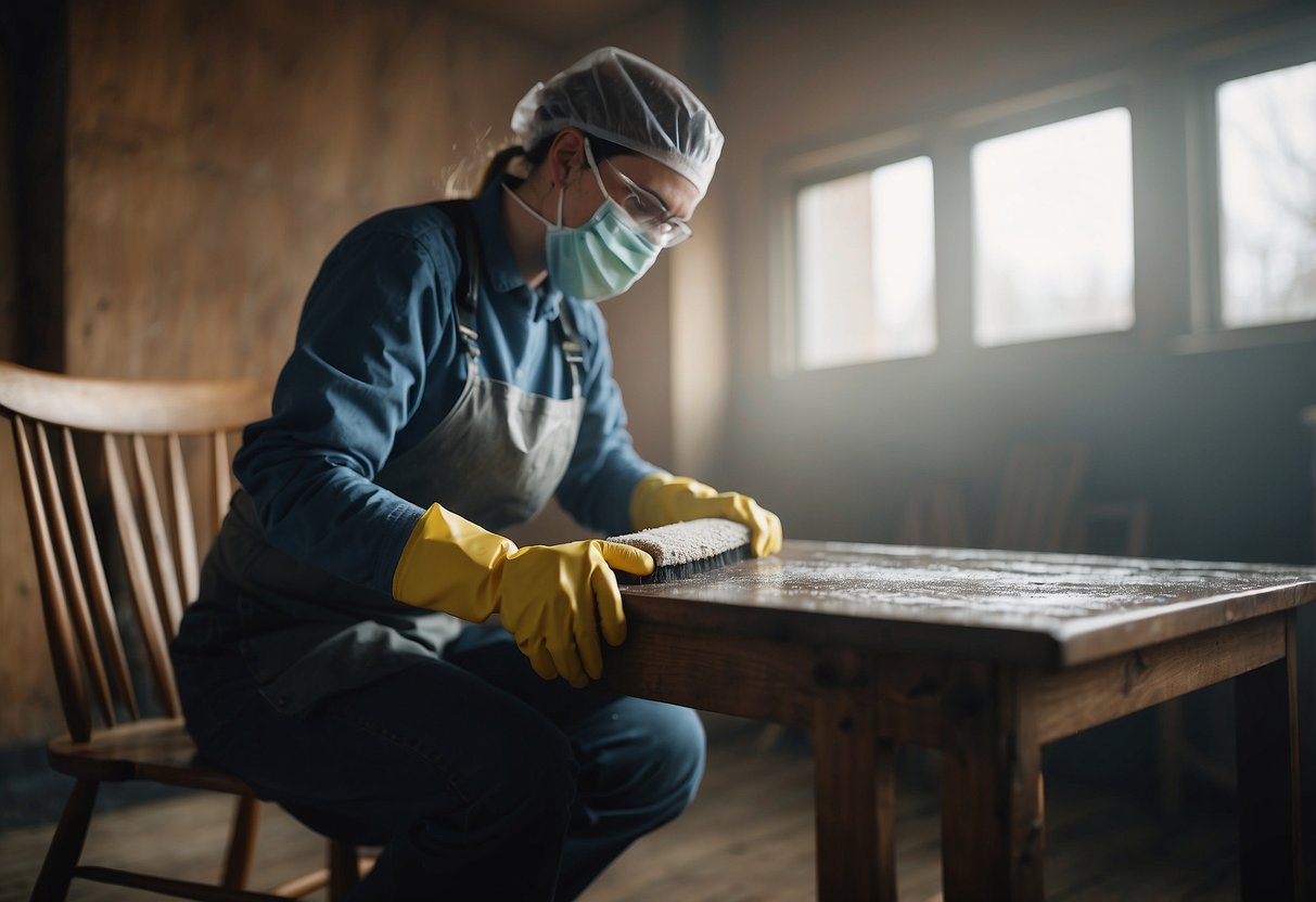 A wooden chair covered in mold is being scrubbed with a cleaning solution and a brush. A person uses protective gloves and a mask while working