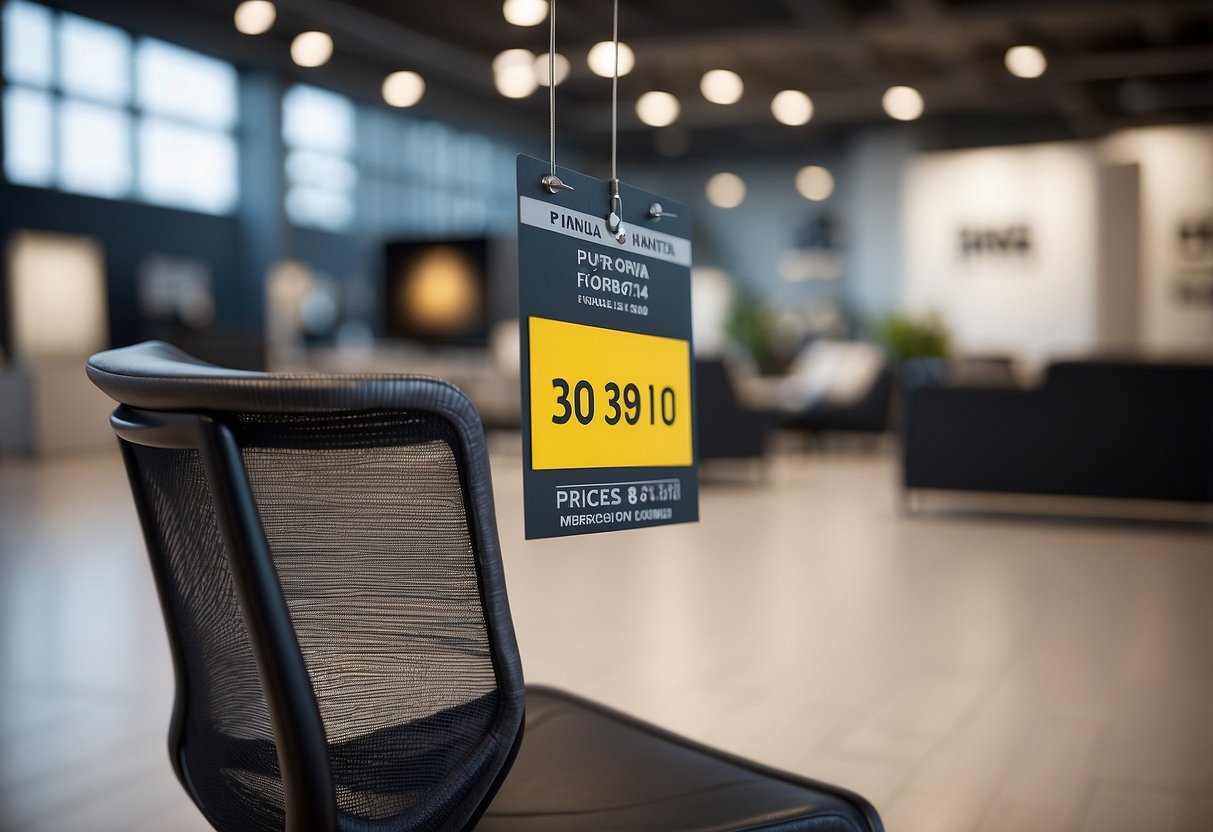 A price tag hanging from a sleek, modern chair in a well-lit showroom. A digital display nearby shows the pricing and purchasing information for Nova furniture