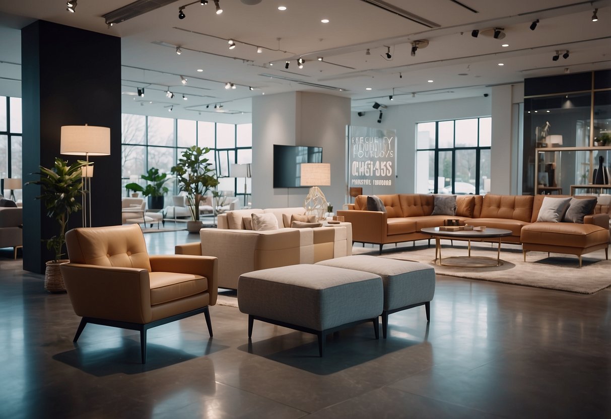 A sleek, modern furniture showroom with a display of Nova furniture pieces, accompanied by price tags and a sign reading "Frequently Asked Questions."