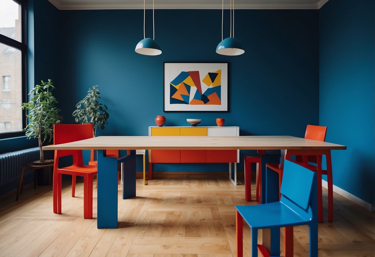 A room with iconic Gerrit Rietveld furniture - the Red and Blue chair, zigzag chairs, and the Schroder table. Clean lines, bold colors, and geometric shapes
