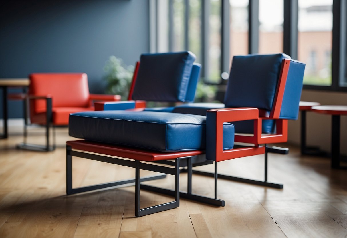 A room filled with iconic Gerrit Rietveld furniture, including the Red and Blue Chair, showcasing the legacy of the influential Dutch designer