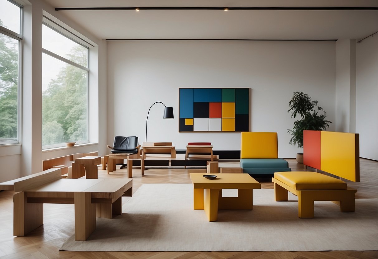 A room filled with minimalist, geometric furniture pieces by Gerrit Rietveld, showcasing his iconic works and design philosophy