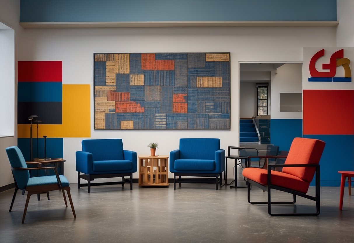 A room with Rietveld furniture displayed, including iconic Red and Blue Chair, Zig-Zag Chair, and Crate Furniture, with a sign reading "Frequently Asked Questions" prominently displayed