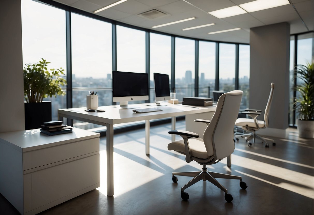 A modern office with sleek, minimalist furniture. A large, ergonomic desk with integrated storage, a comfortable chair, and adjustable lighting. Clean lines and neutral colors create a professional and inviting workspace