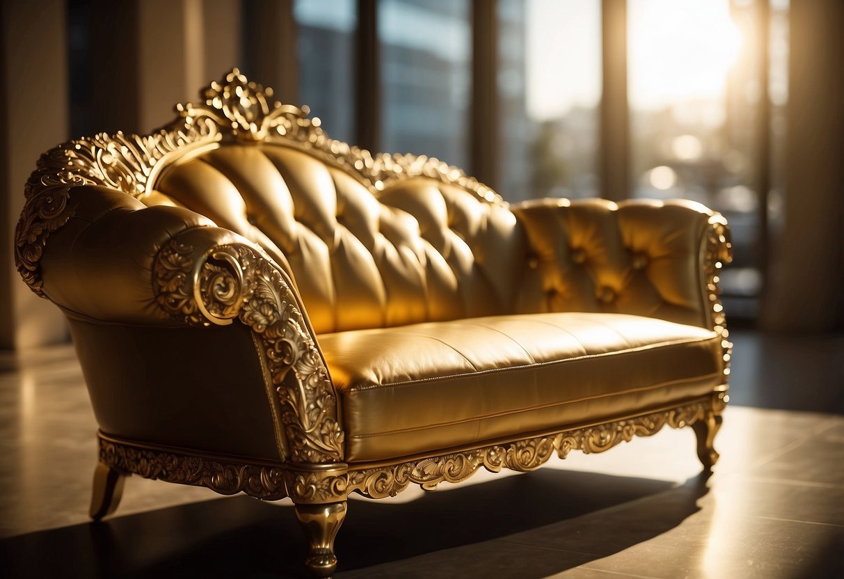 Golden furniture gleams under soft light, casting warm reflections. Intricate details catch the eye, adding a touch of luxury to the room