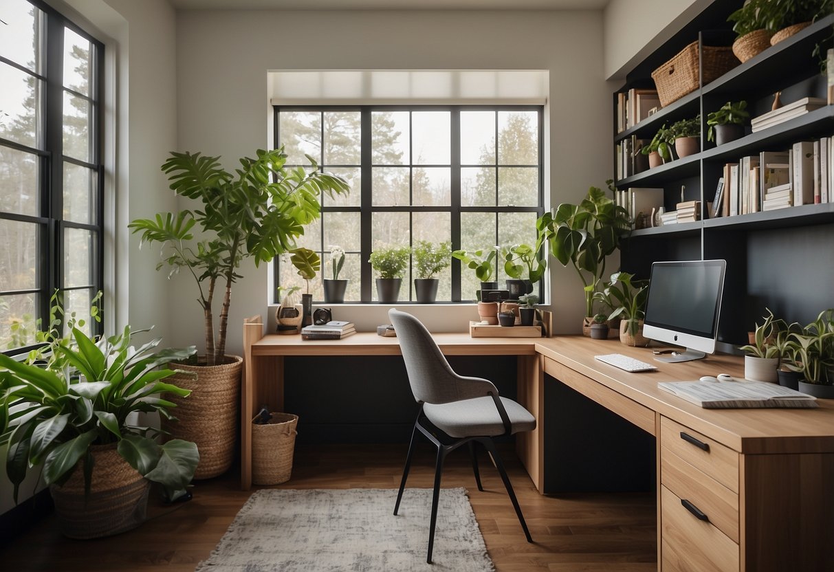 A spacious, well-lit home office with a sleek, modern desk and ergonomic chair. Shelves line the walls, displaying plants, books, and organizational supplies. A large window provides natural light, and a cozy reading nook is tucked in the