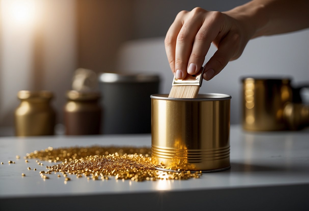 A hand reaches for a can of gold furniture paint, a brush poised to add the finishing touches for a lasting impression