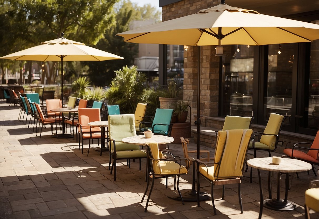 A variety of outdoor chairs, tables, and umbrellas displayed on a sunny patio with a "sale" sign. Customers browse the selection