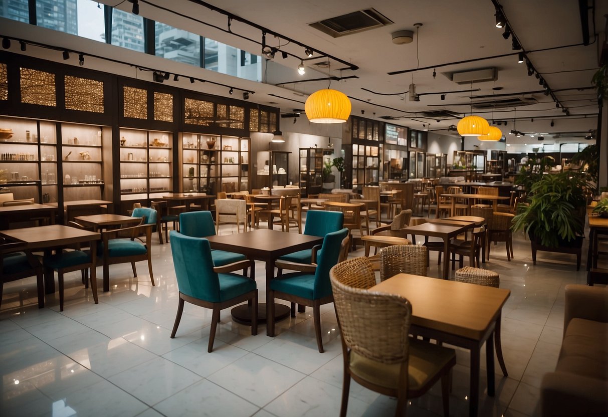 A variety of furniture fills the space at Tan Boon Liat, including chairs, tables, and shelves