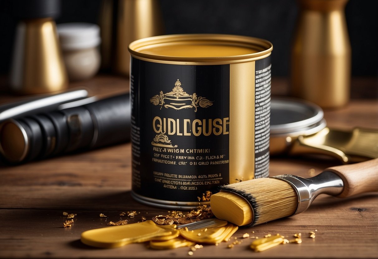 A can of gold furniture paint sits on a wooden table, surrounded by paintbrushes and a stack of FAQs