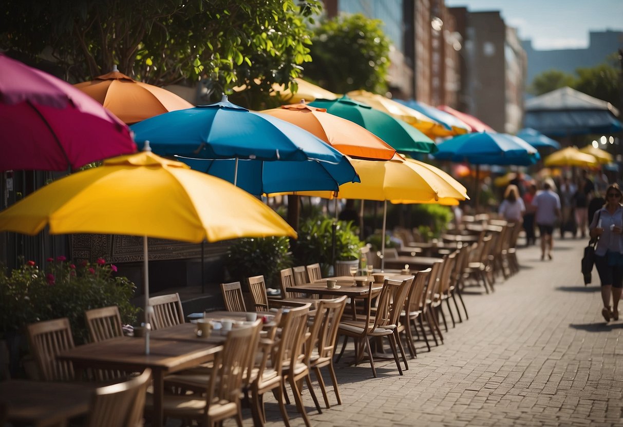 A bustling outdoor furniture sale with colorful umbrellas, sleek lounge chairs, and bustling crowds seeking the best deals