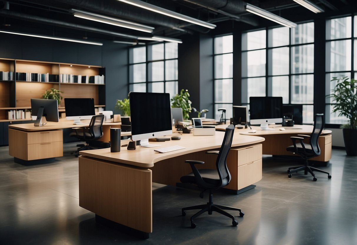 Sleek desks, ergonomic chairs, and modern storage solutions create a functional and stylish office space