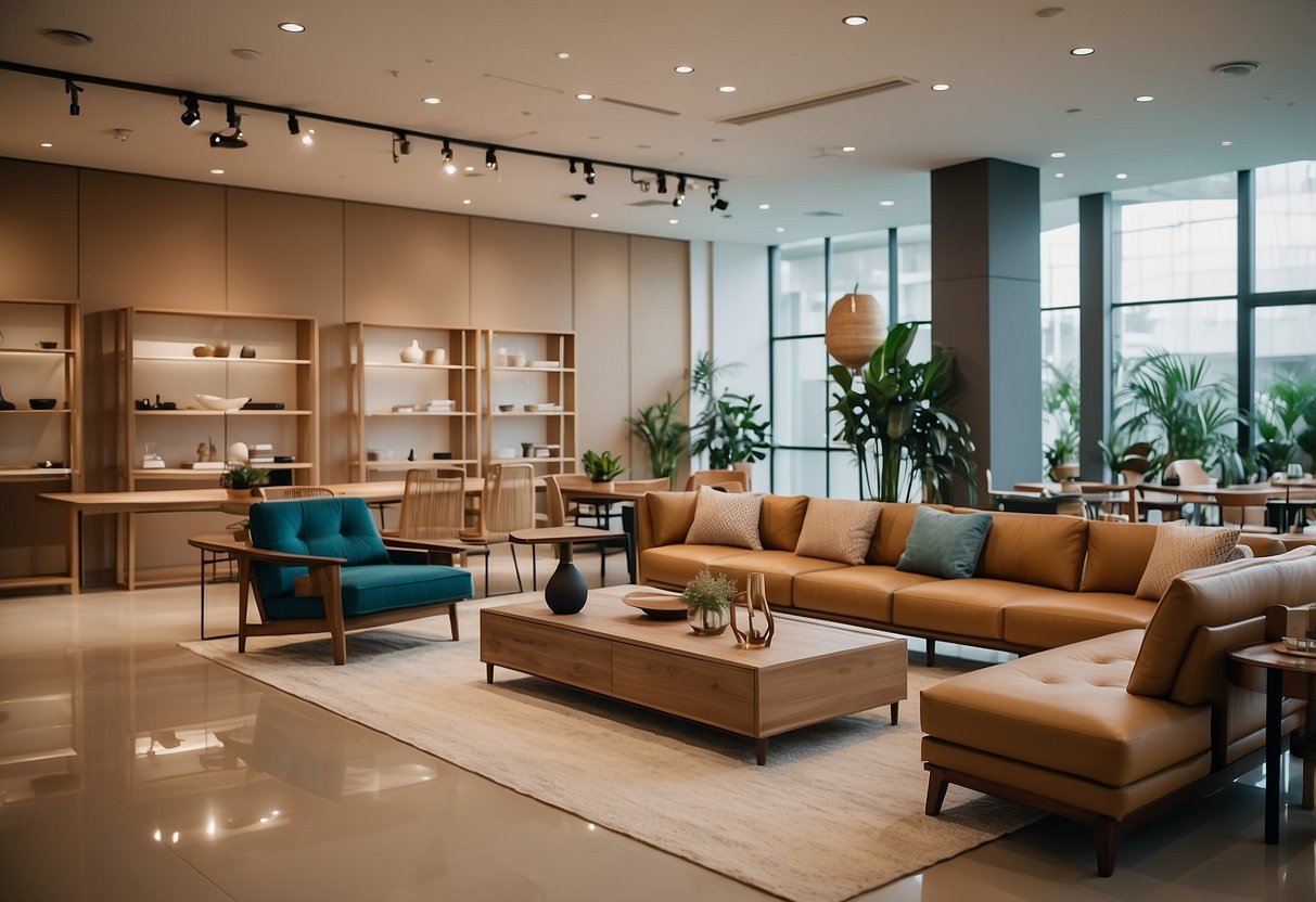 People browsing modern furniture in Tan Boon Liat showroom. Bright, airy space with sleek designs and vibrant colors