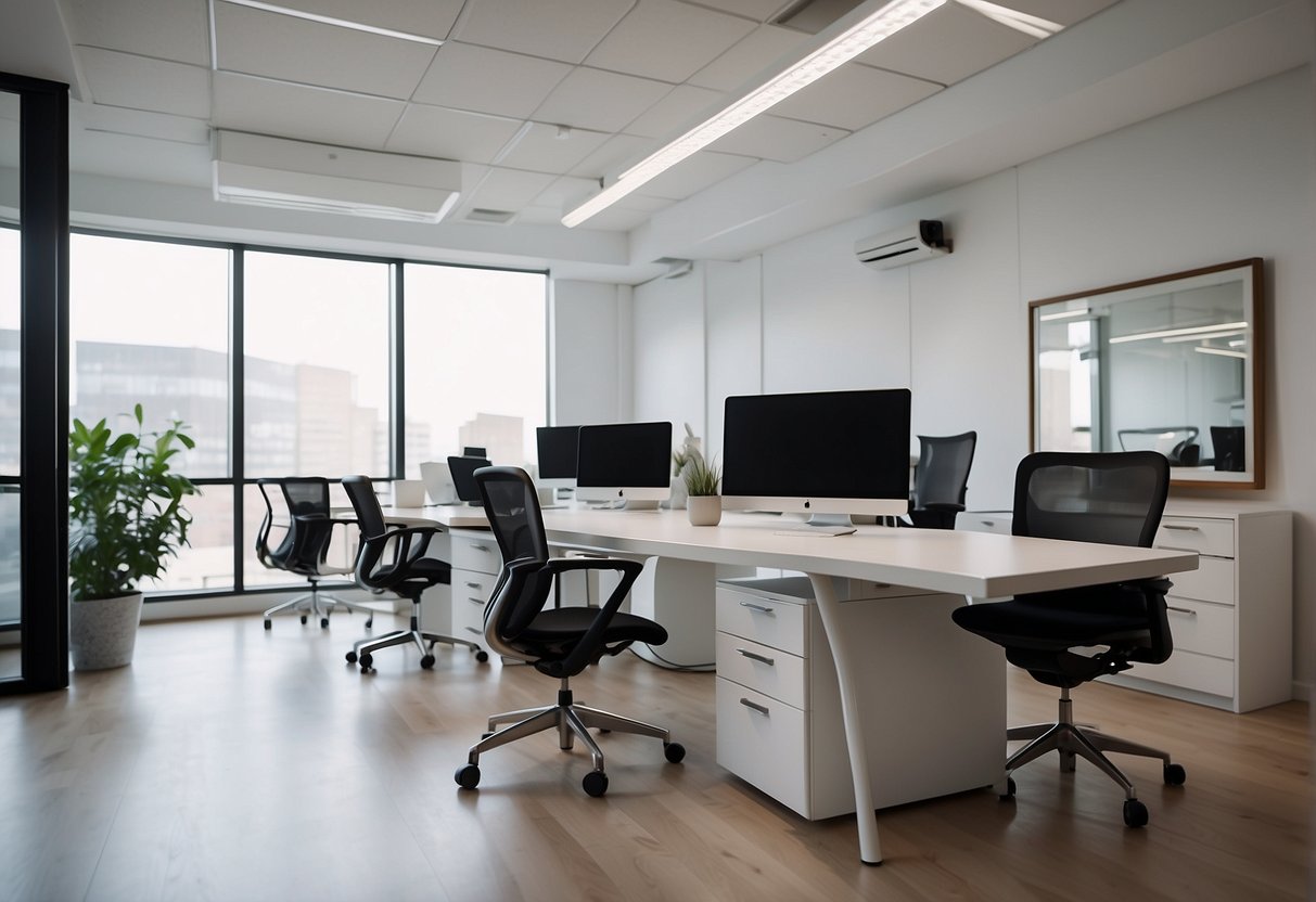 A modern office space with sleek, minimalist furniture. Bright, open layout with ergonomic chairs and adjustable desks. Clean lines and neutral colors create a professional yet inviting atmosphere