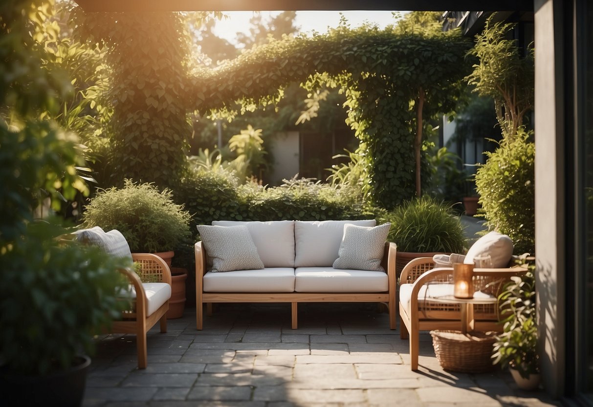 A cozy outdoor seating area with stylish furniture, surrounded by lush greenery and bathed in warm sunlight