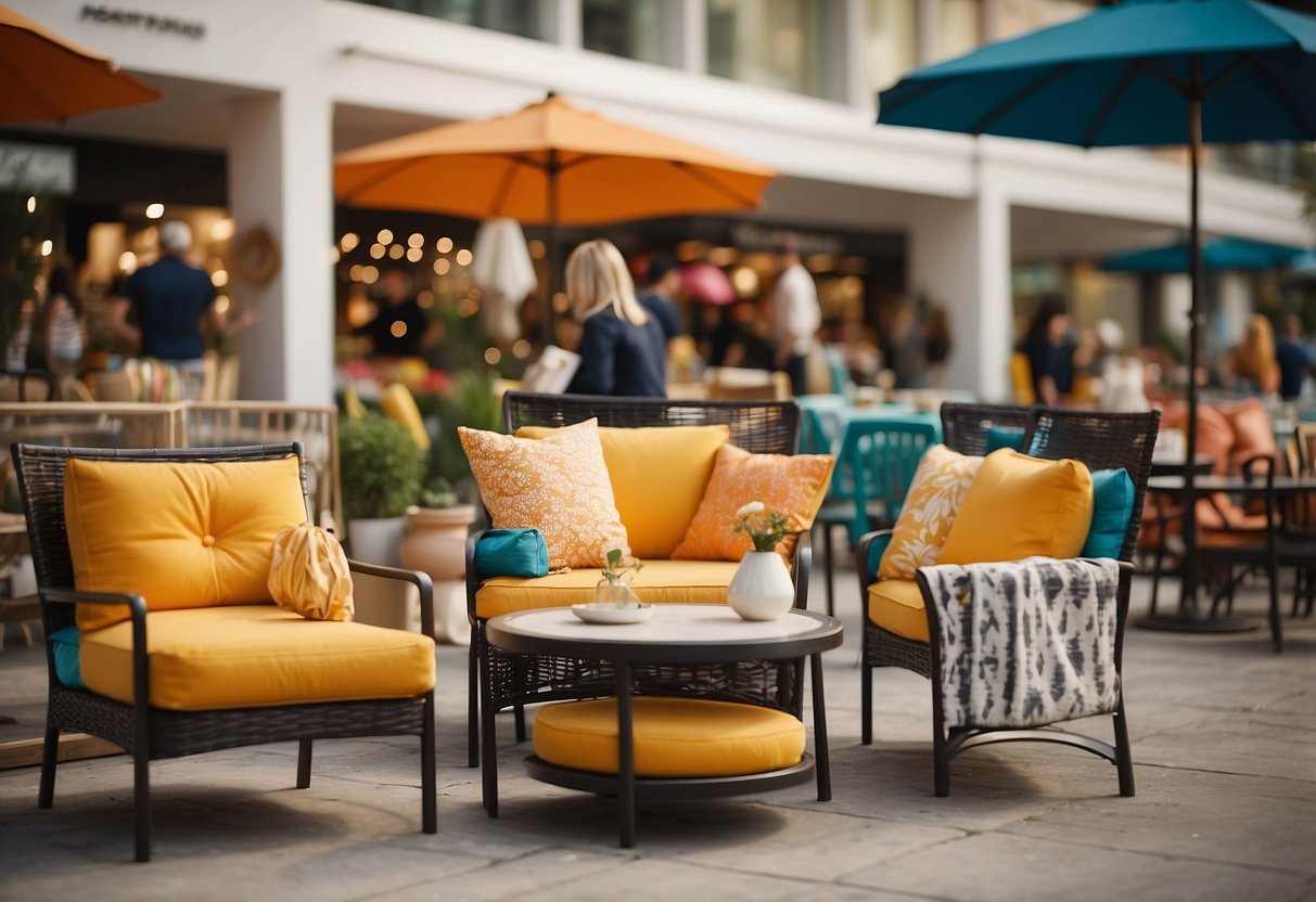 A colorful outdoor furniture display with a "Frequently Asked Questions" sign, surrounded by eager shoppers browsing the sale items