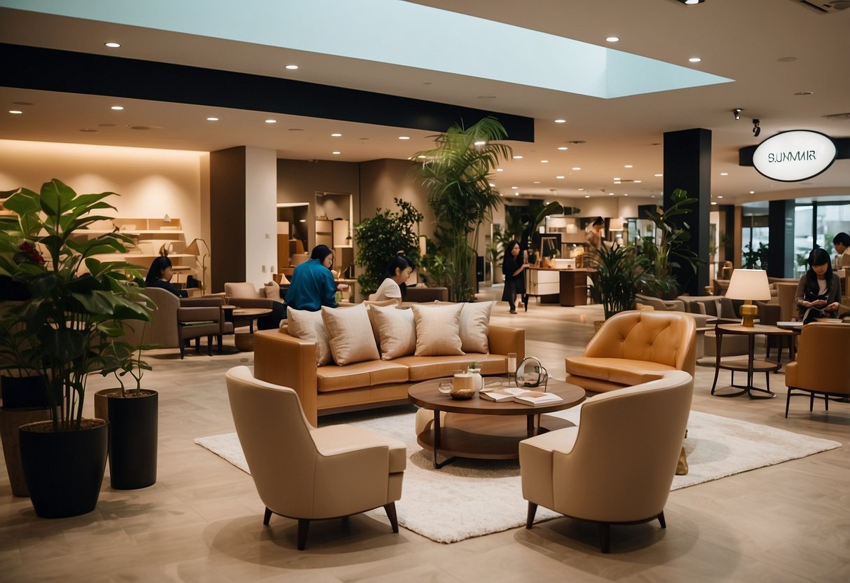 A bustling furniture showroom with customers browsing and staff assisting. Displayed items include sofas, chairs, and tables. Signage indicates "Frequently Asked Questions" area. Tan Boon Liat Building