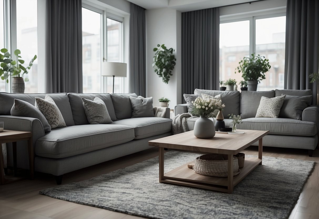 A grey living room with matching furniture sets arranged neatly