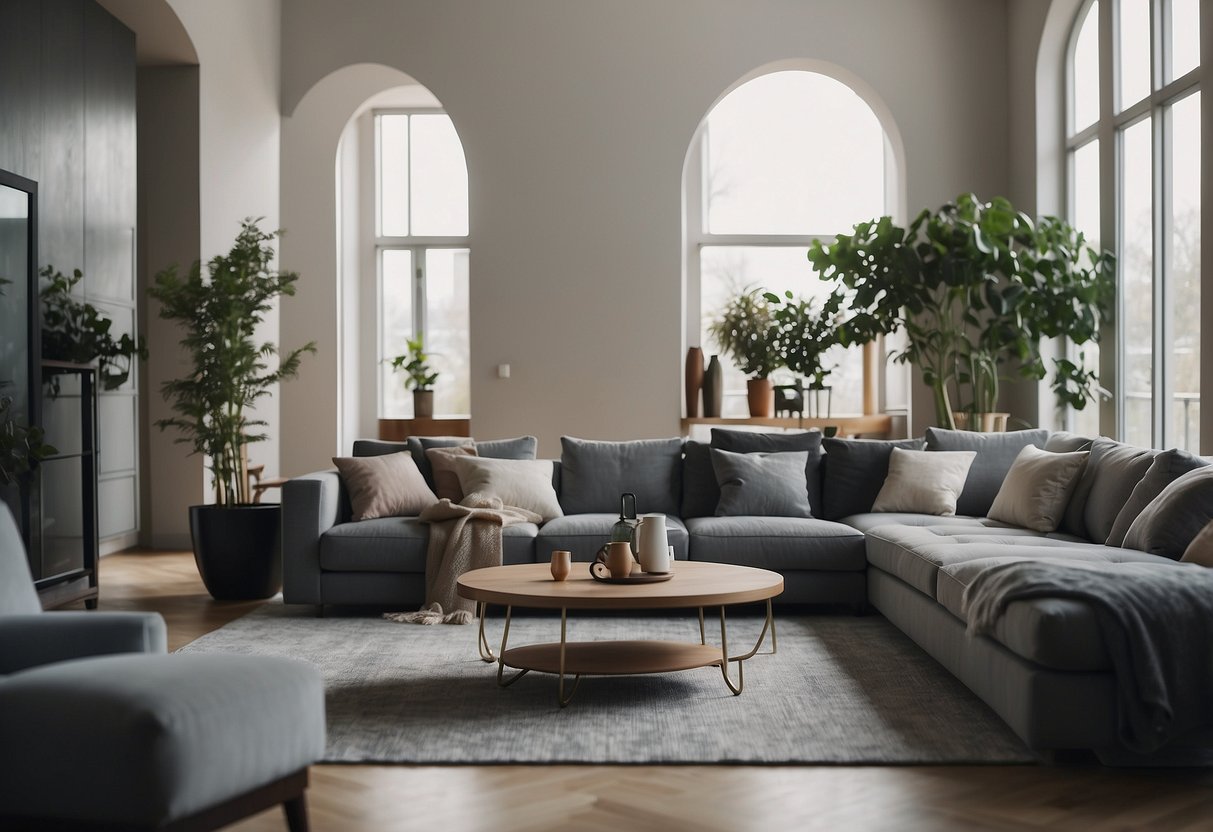 A person arranging a grey living room furniture set in a spacious, well-lit room with a modern design aesthetic