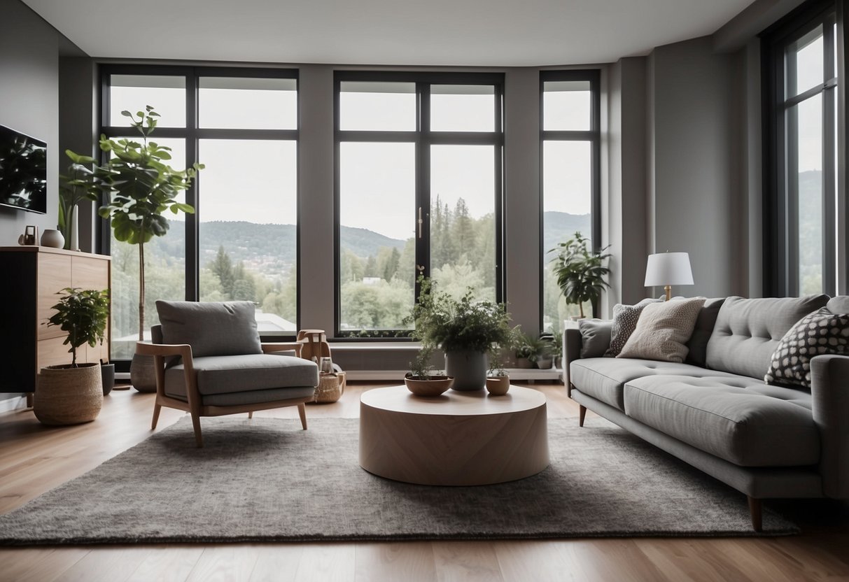 A cozy grey living room with a matching furniture set, including a sofa, coffee table, and armchairs, creating a stylish and comfortable space