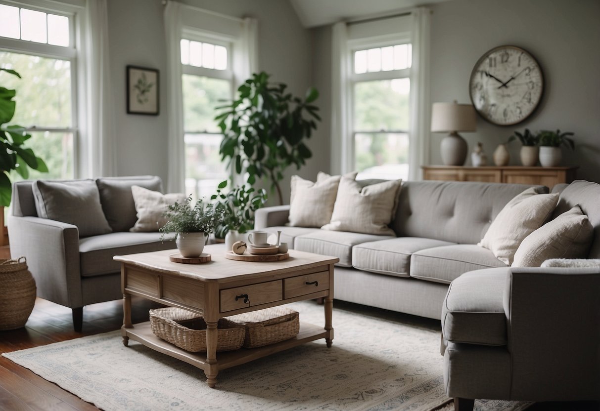 A cozy living room with a grey furniture set, including a sofa, armchairs, and a coffee table. The room is well-lit with natural light, and there are decorative pillows and a rug to add warmth to the space