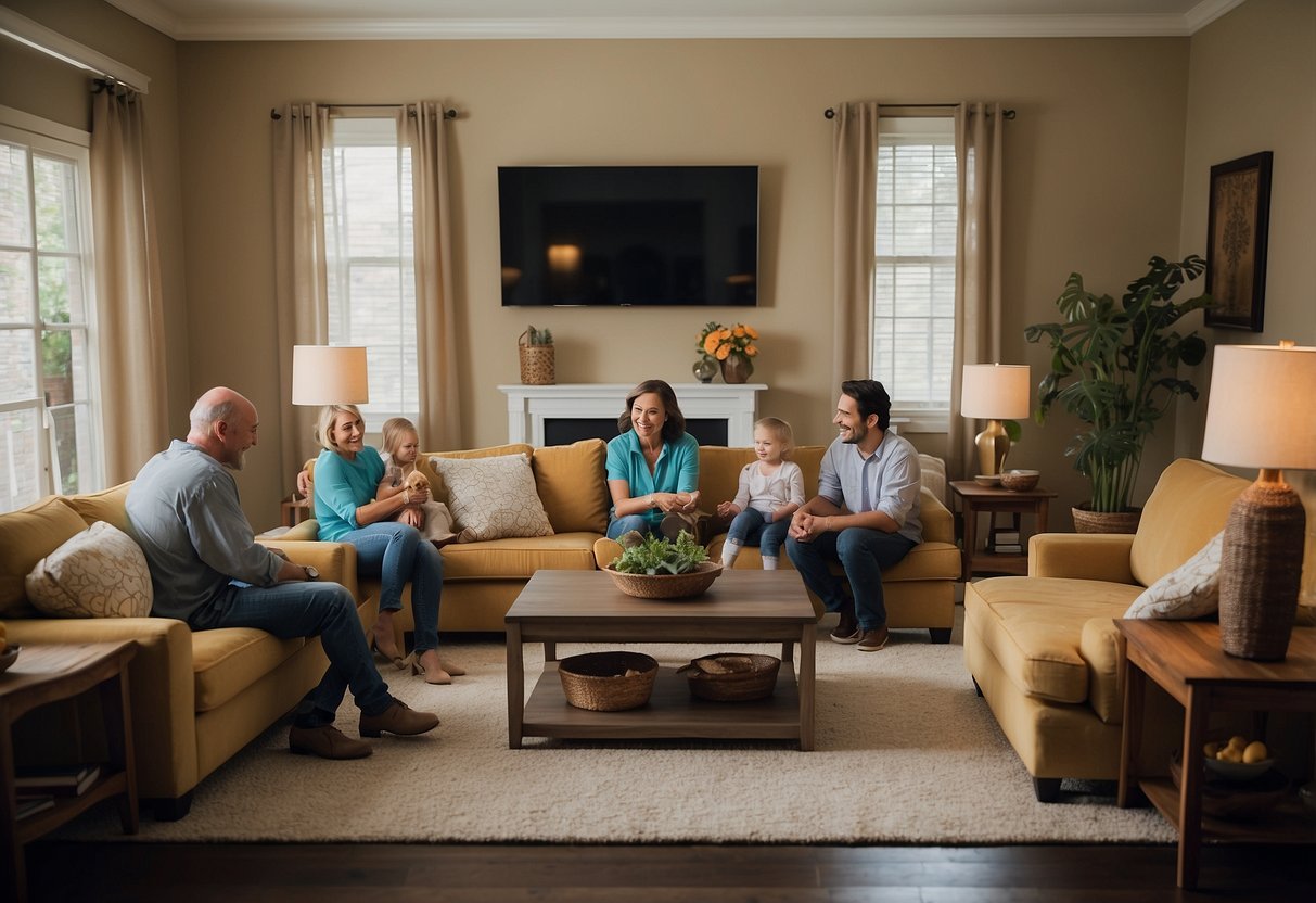 A living room with donated furniture, a family gathered around, smiling