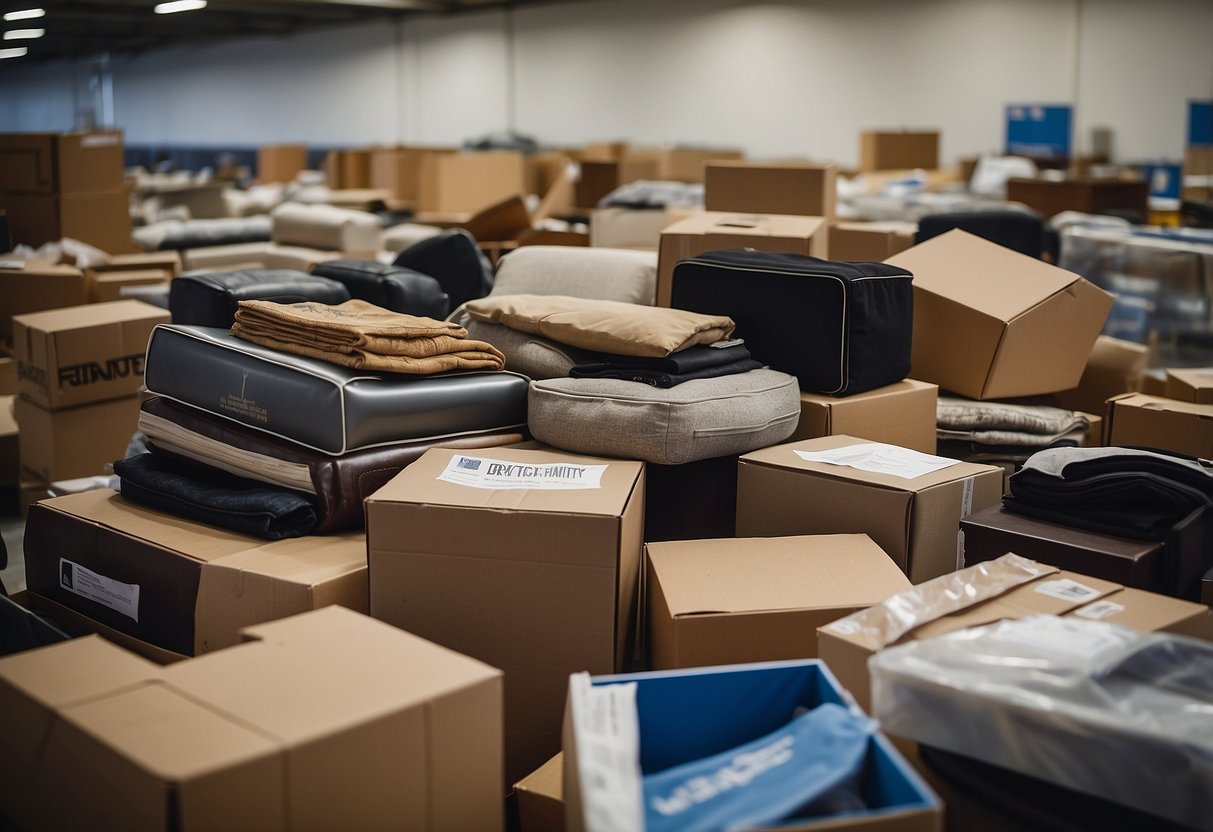 A pile of gently used furniture items sits in a Habitat for Humanity donation center, with a sign reading "Frequently Asked Questions about furniture donation" displayed prominently
