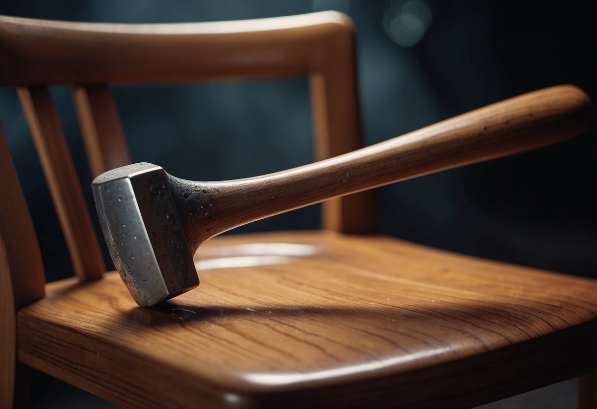 A hammer strikes a wooden chair, creating a dent in the surface
