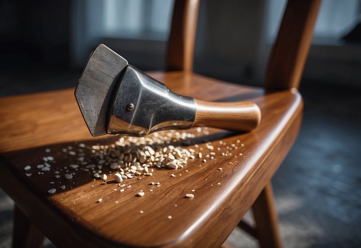 A hammer strikes a wooden chair, creating a crack. Pieces of furniture lay scattered around the room
