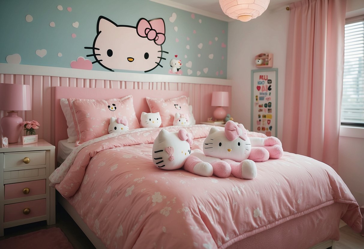 A cozy, pastel-colored bedroom with Hello Kitty-themed furniture and decor in Singapore