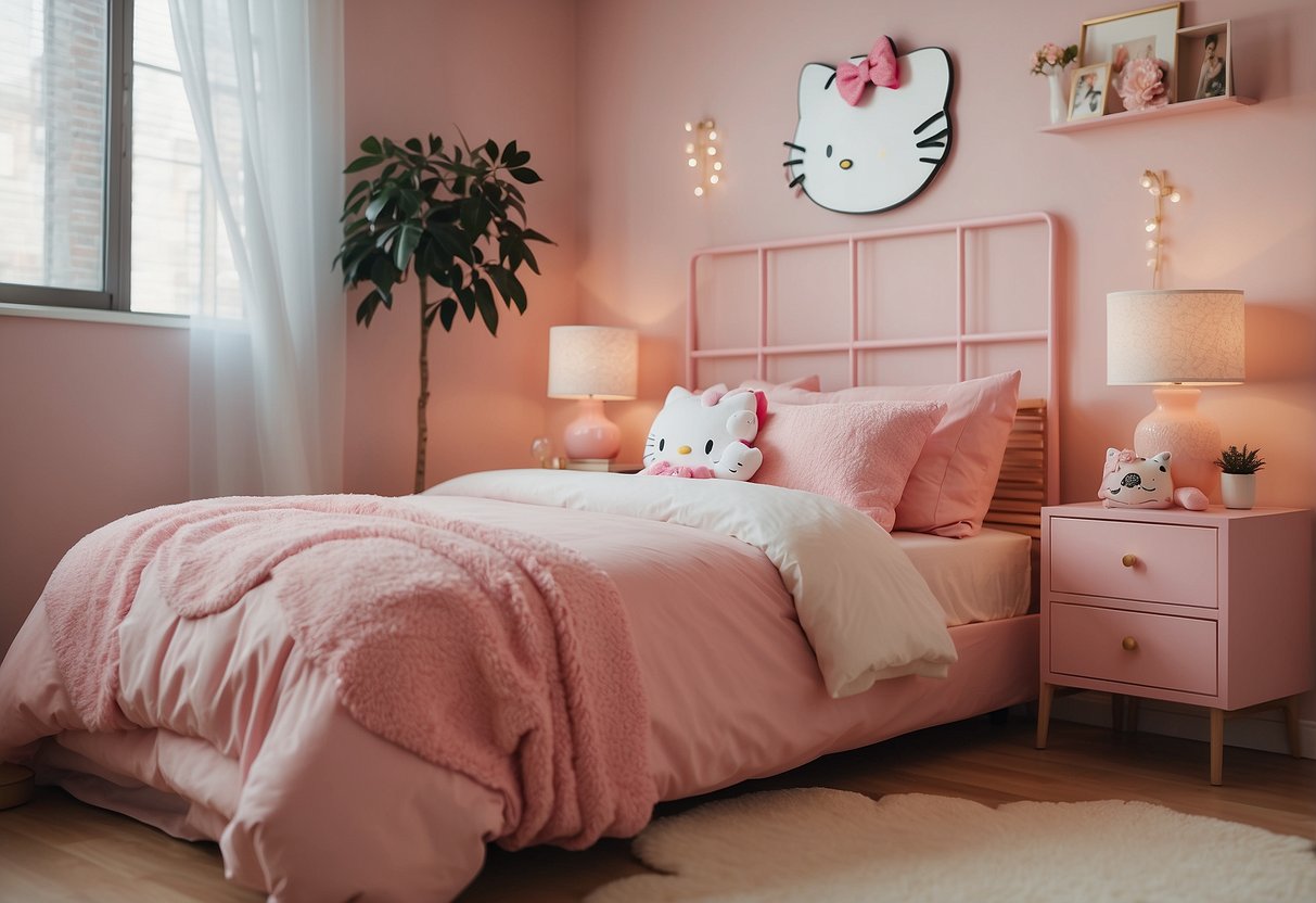 A cozy bedroom with Hello Kitty-themed furniture, featuring a pink bed, matching dresser, and cute wall decor