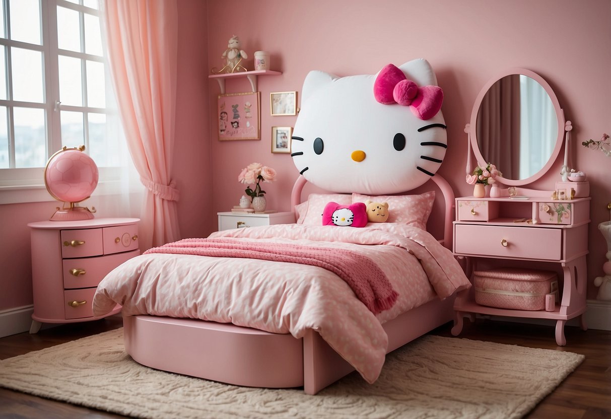 A cozy bedroom with Hello Kitty-themed furniture, including a pink bed with a Hello Kitty comforter, a matching dresser, and a cute vanity set with the iconic character's face