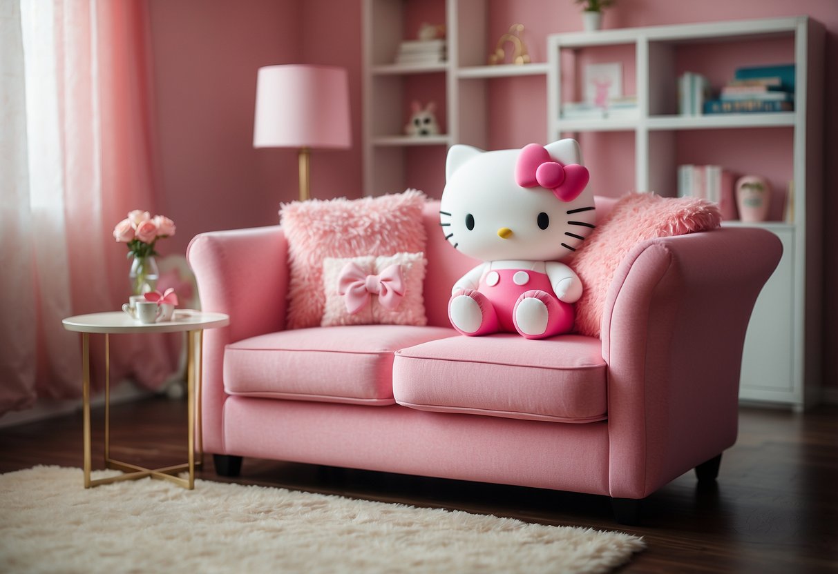 A cozy living room with Hello Kitty-themed furniture, including a pink couch, a white coffee table with the iconic bow design, and a matching bookshelf filled with Hello Kitty merchandise