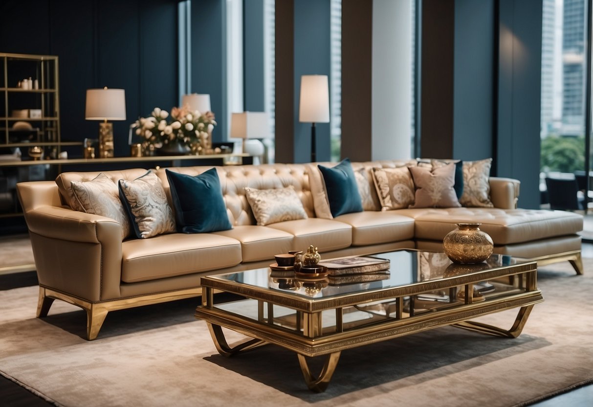 Luxurious furniture displayed in a spacious, well-lit showroom in Singapore. Elegant designs and high-quality materials are showcased throughout the shop