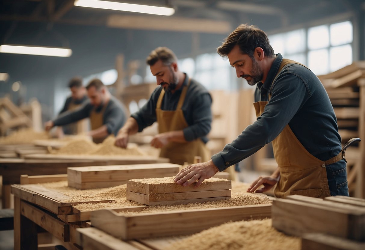 A busy furniture workshop with sawdust in the air and workers assembling wooden chairs and tables