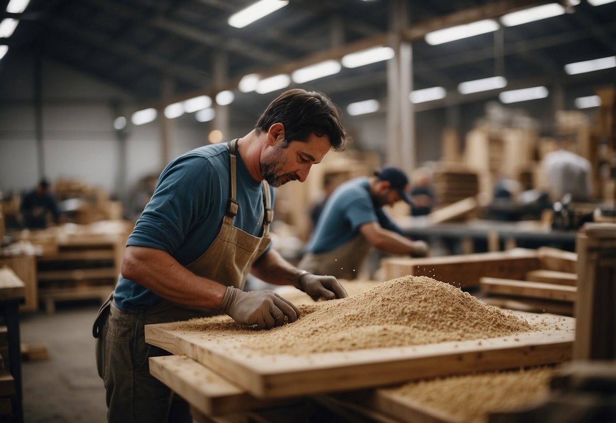 A bustling furniture workshop with sawdust in the air, stacks of wood, and workers crafting intricate designs