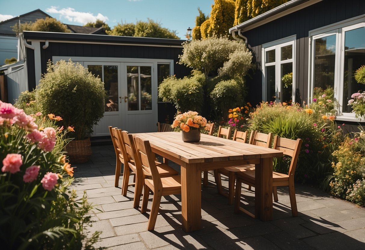 A sunny backyard with a wooden table and chairs, surrounded by greenery and colorful flowers in Christchurch