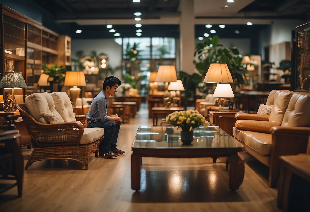 Customers browsing through a variety of unique furniture pieces at Hock Seng Furniture store