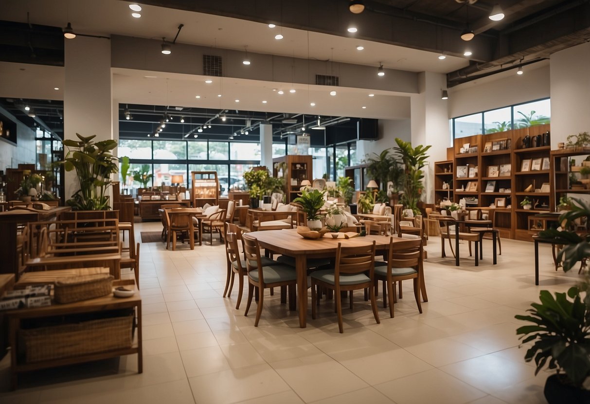 The Pasir Panjang furniture stores bustle with shoppers and vendors, displaying a variety of wooden and upholstered pieces in a spacious, well-lit showroom