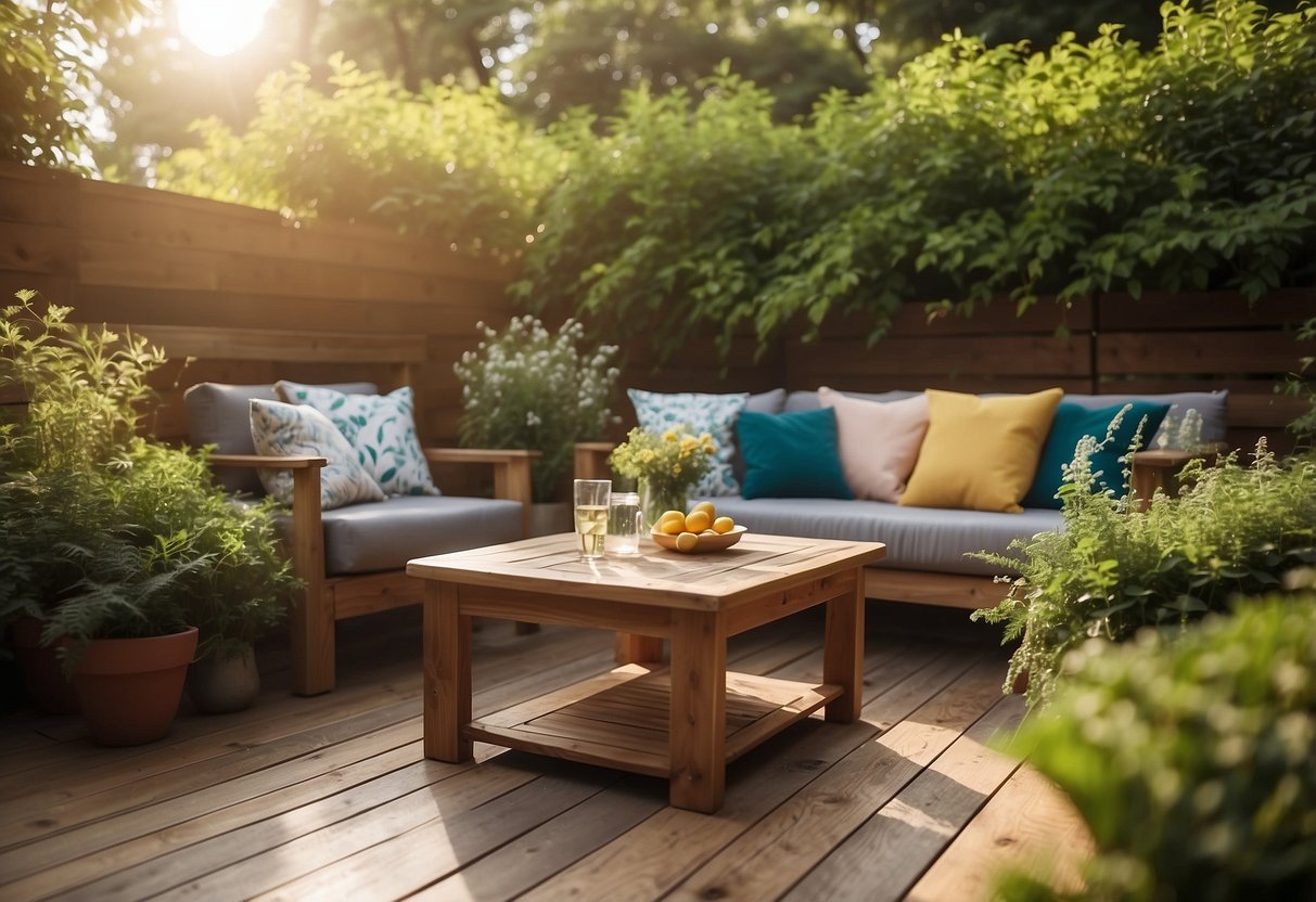 A sunny backyard with a wooden deck, surrounded by lush greenery. A cozy outdoor seating area with a stylish table and chairs, adorned with colorful cushions