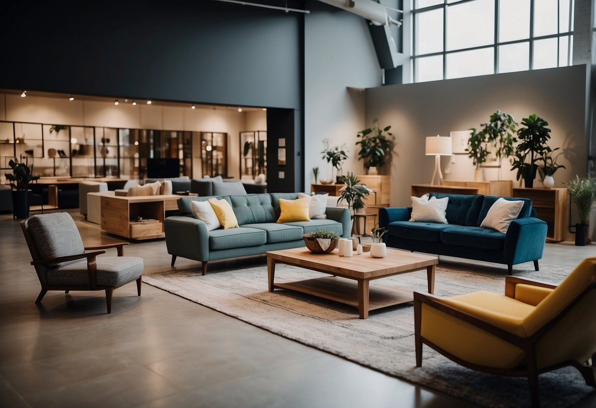 A modern, spacious furniture showroom with elegant displays and a friendly staff assisting customers