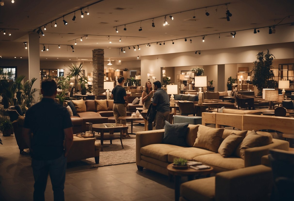 A busy furniture store with customers browsing, staff assisting, and a prominent "Frequently Asked Questions" sign