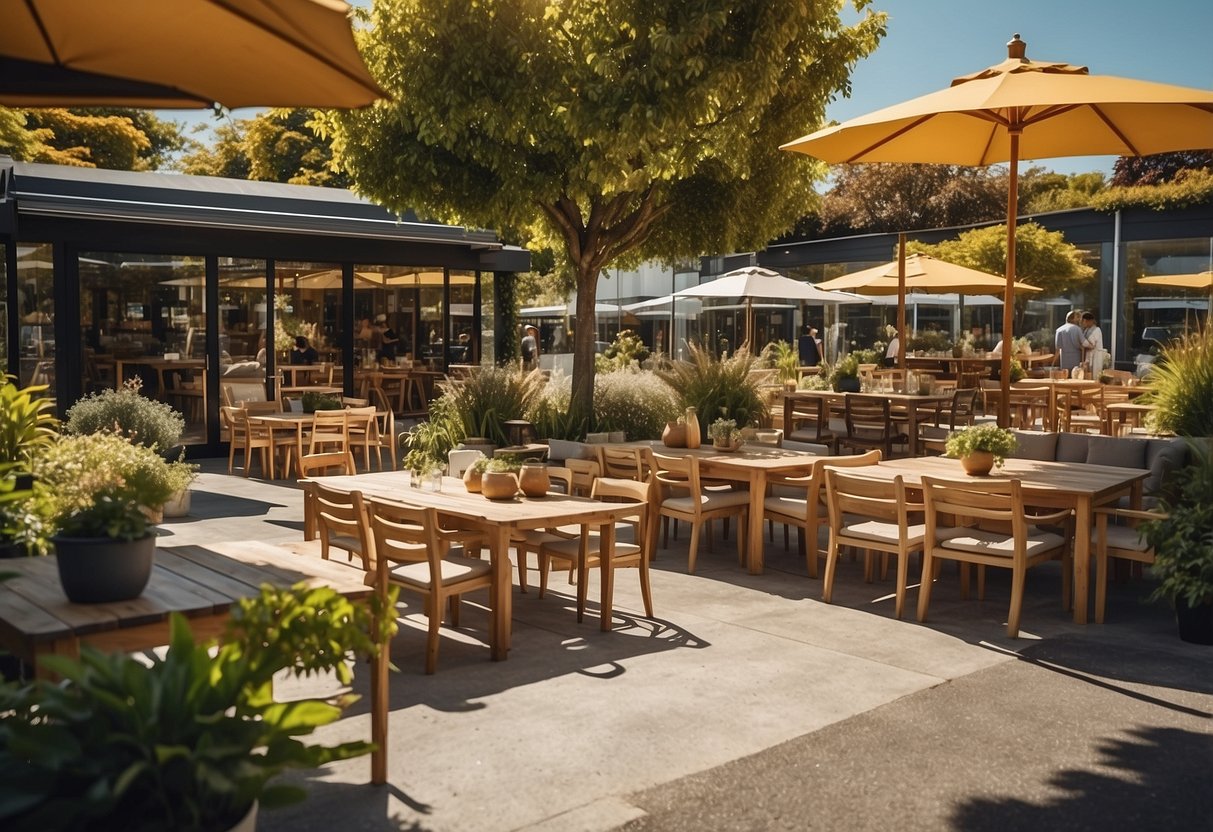 Customers browsing outdoor furniture in Christchurch store. Bright, sunny day. Variety of tables, chairs, and umbrellas on display. Lush greenery in background