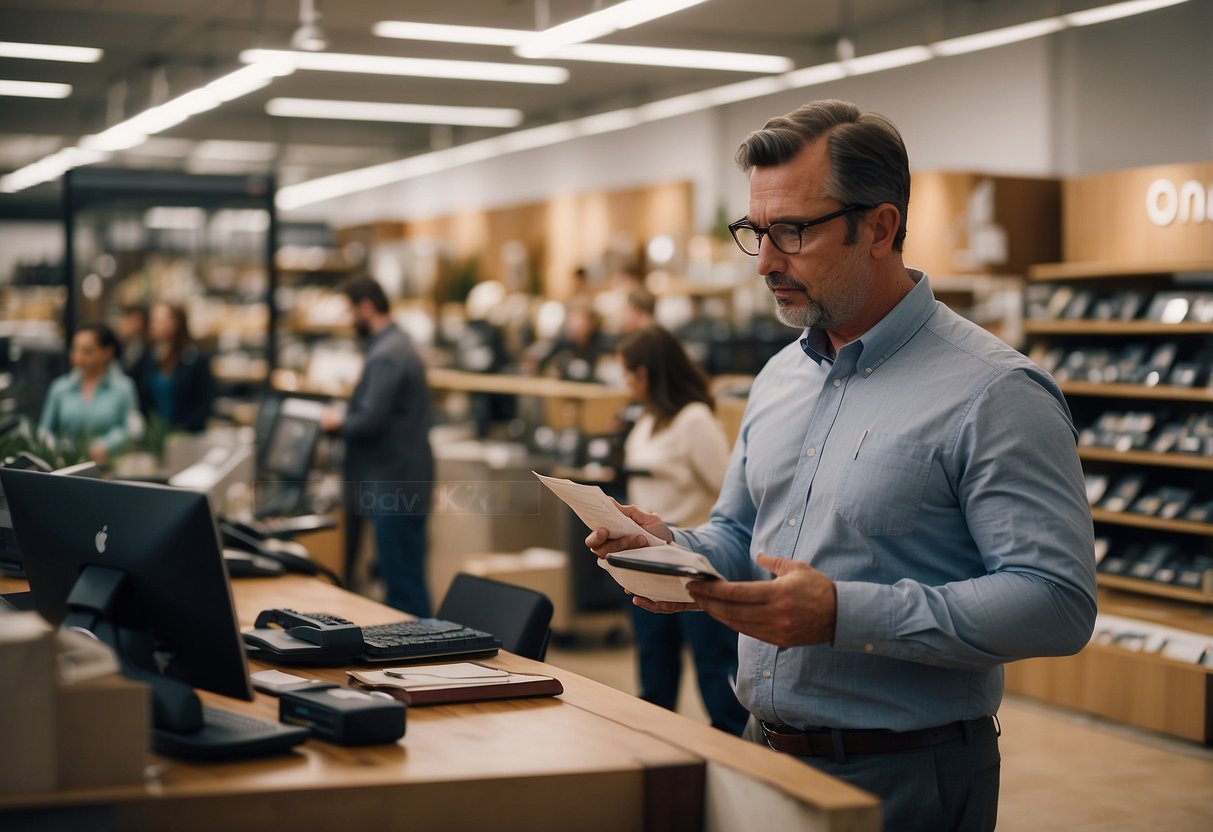 A furniture store manager inspects items, while staff assist customers. Quality and service are emphasized in the bustling store